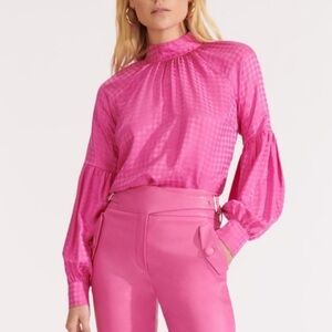 Veronica Beard Sz 0 Cicely Pink Houndstooth Jacquard 100% Silk Mock Blouse Top